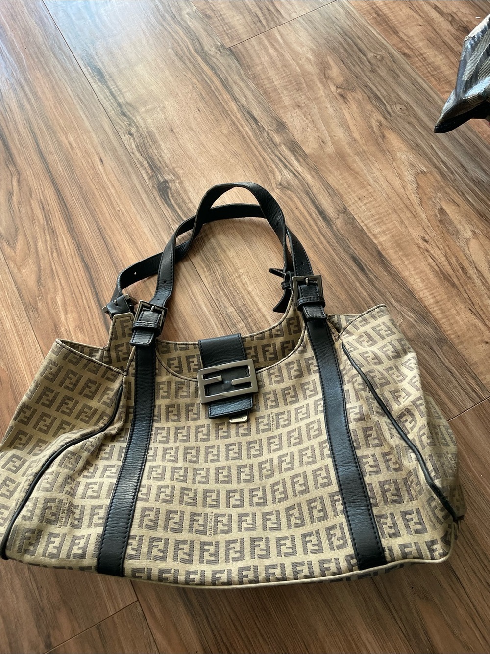 Beige Brown FF Logo Tote with Black Leather Trim